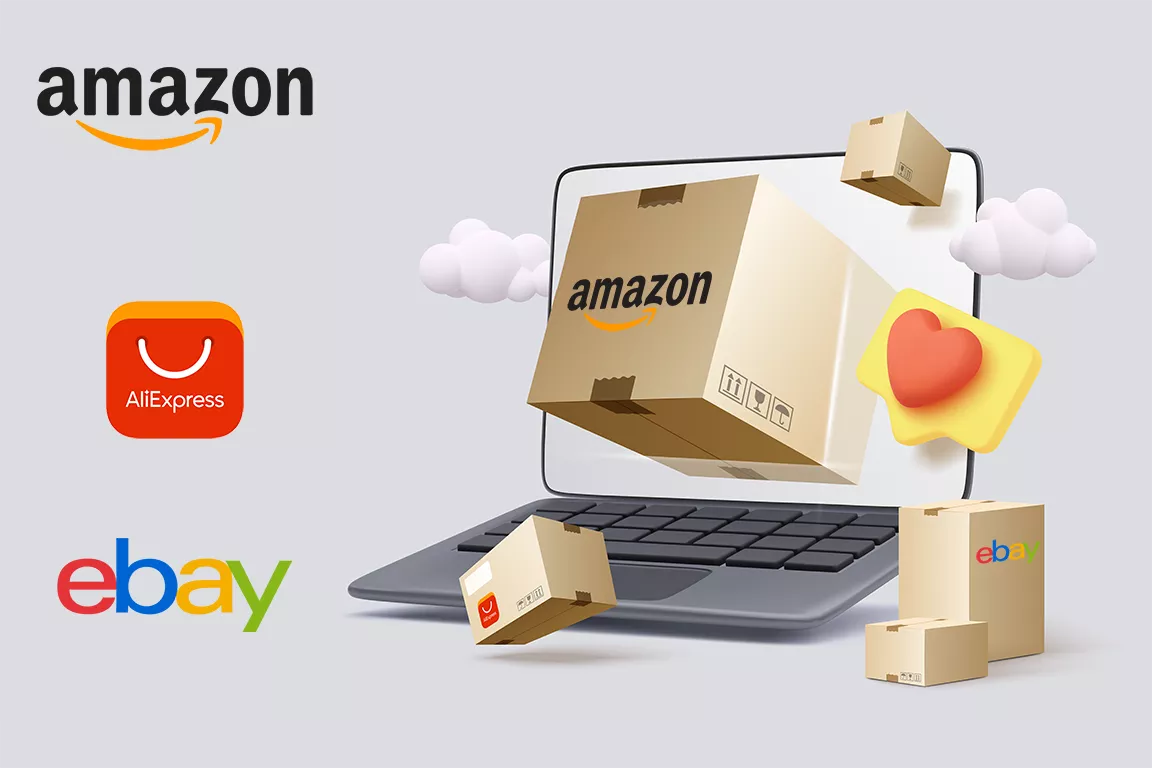 an image of a box flying out of a laptop screen, with logos of Amazon, alixpress and ebay